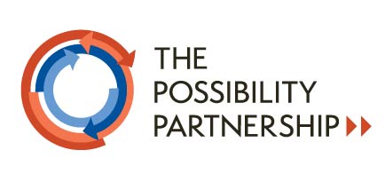 Logo for The Possibility Partnership featuring red and blue arrows going different directions around a circle to represent all parts of the system working together for better outcomes for people, families and communities.
