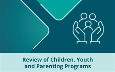 Blue and green image with icon of two hands holding three people with the words "Review of Children, Youth and Parenting Programs" in dark green text on light green background.